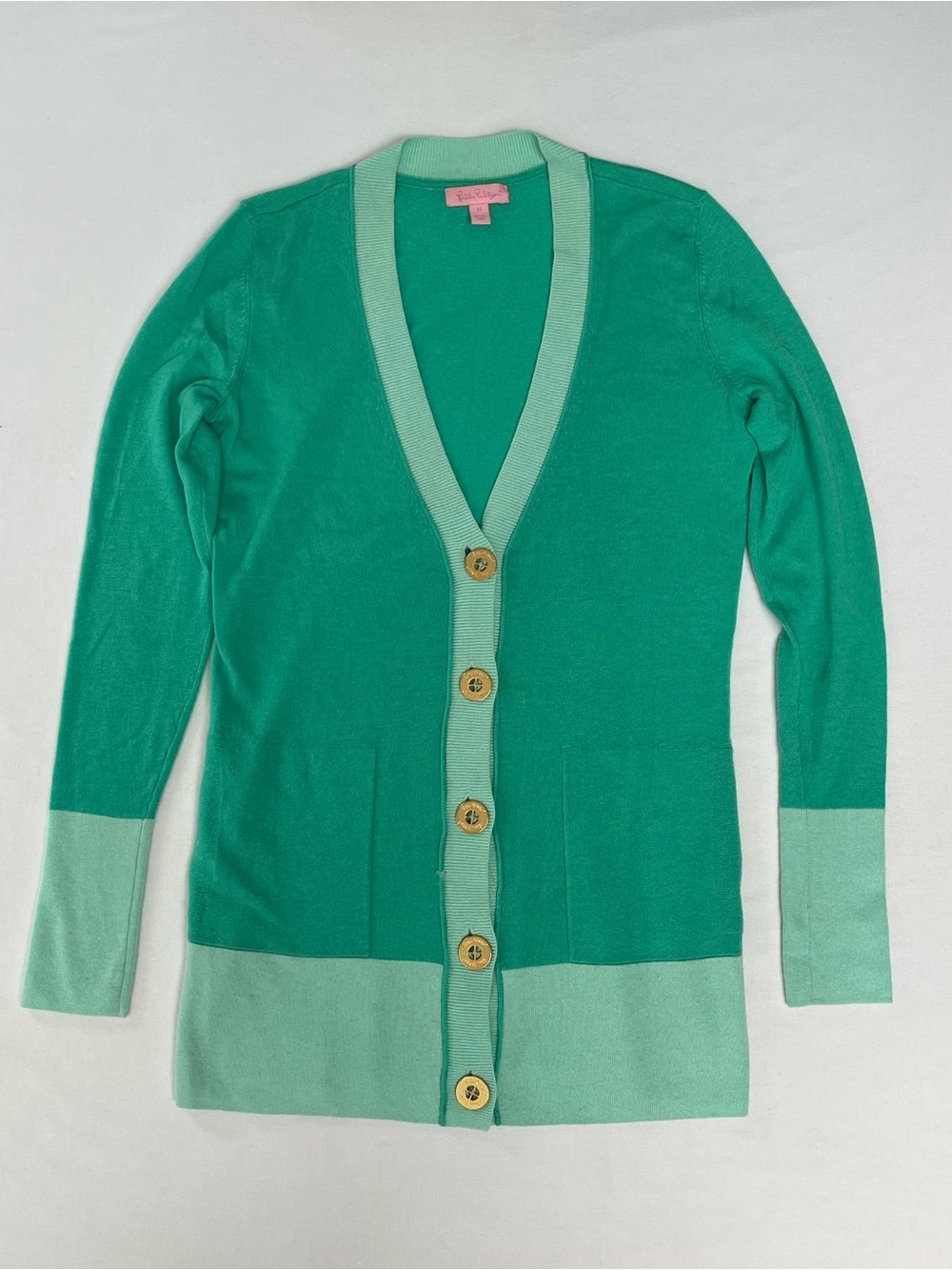 Lilly Pulitzer Heidi Two-Tone Green Colorblock Cardigan Golden Logo Button XS